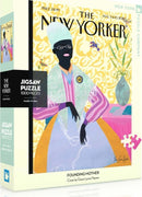 Founding Mother 1000-piece jigsaw puzzle featuring an artistic cover design by Grace Lynne Haynes, showcasing a figure in a vibrant dress with a colorful background. The packaging highlights the collaboration with The New Yorker.
