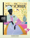 A 1000-piece jigsaw puzzle titled 'Founding Mother' featuring an artistic cover illustration by Grace Lynne Haynes, originally from The New Yorker. The design showcases a figure in a colorful outfit set against a vibrant yellow background, depicting cultural themes.