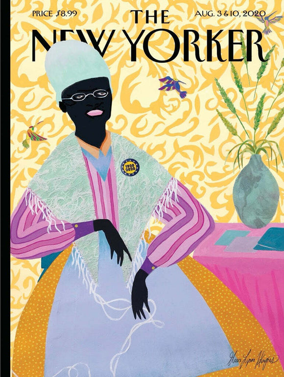 A colorful jigsaw puzzle featuring a vibrant illustration designed by Grace Lynn Thomas, depicting a stylish, confident woman in a historical setting. The woman wears a pastel-colored outfit and a unique headpiece, with intricate patterns in the background, capturing a celebratory atmosphere.