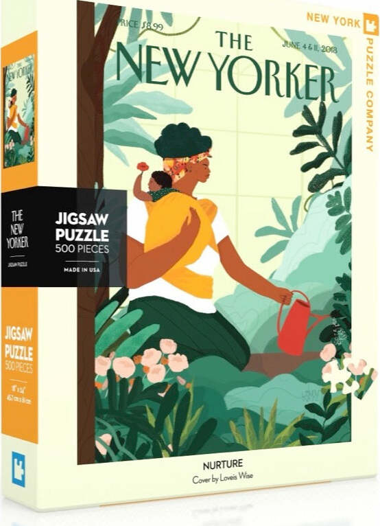 The Nurture Puzzle by New York Puzzle Company, featuring a vibrant box design inspired by a New Yorker cover. The illustration depicts a woman with curly hair holding a watering can amidst lush greenery and blooming flowers, emphasizing nurturing and nature. Contains 500 pieces and is made in the USA.