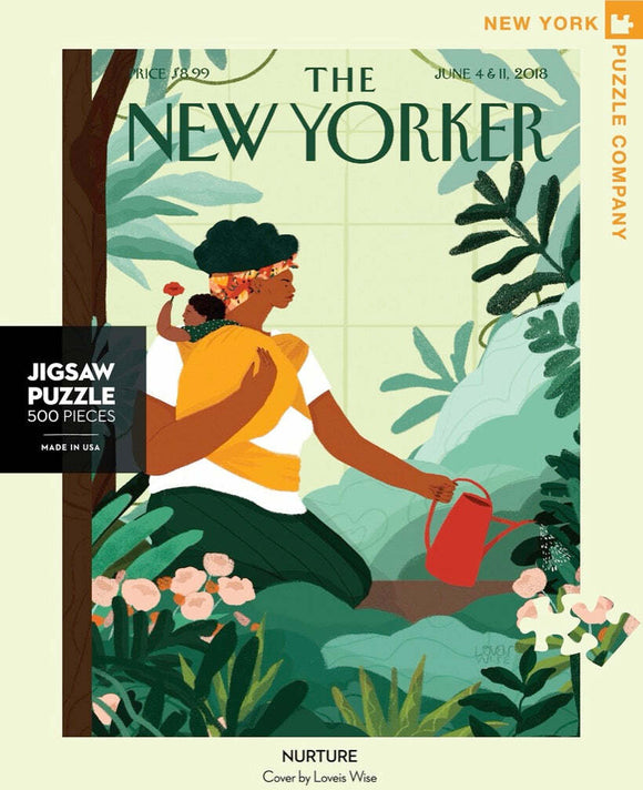 A vibrant jigsaw puzzle containing 500 pieces, showcasing a serene illustration depicting a woman nurturing her surroundings. The design features lush green foliage, colorful flowers, and a joyful mother holding a child while watering plants. This puzzle, inspired by the New Yorker cover illustrated by Loveis Wise, is perfect for relaxing and building creativity.