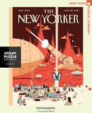 A colorful 1000-piece jigsaw puzzle titled 'Now Boarding', featuring a retro-style illustration by Luke Pearson. The scene depicts a busy space-themed terminal with travelers awaiting their flights, surrounded by rockets and a vibrant landscape of red mountains and planets. The puzzle is made by New York Puzzle Company, presented stylishly with elements of humor and whimsy.