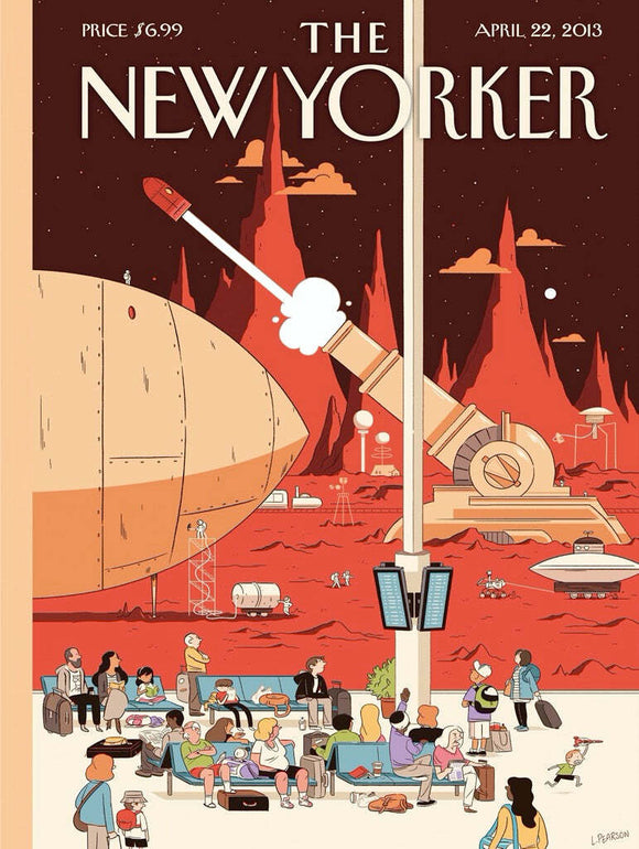 The Now Boarding Puzzle features a vibrant illustration of travelers in a futuristic waiting area on a red planet, with a large spaceship in the background and passengers of varying ages engaged in different activities, such as waiting, playing, and conversing, all part of a colorful, whimsical scene.