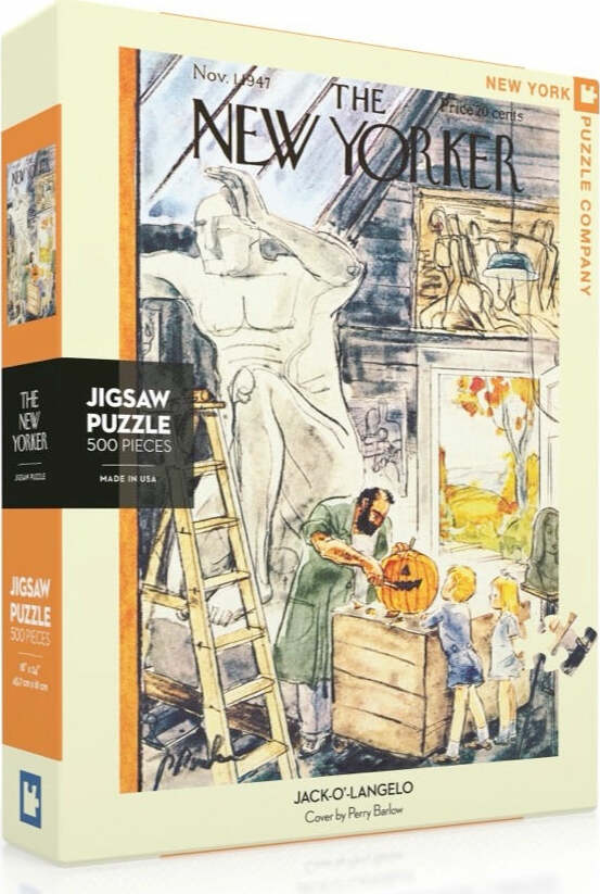 Jack-O'-Langelo 500-piece jigsaw puzzle by New York Puzzle Company. The box features a colorful illustration from The New Yorker magazine depicting a pumpkin carving scene with children and adults in an artistic studio setting.