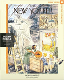 A vintage jigsaw puzzle featuring the cover of The New Yorker magazine from November 1947, illustrated by Perry Barlow. The scene depicts an artist carving a pumpkin in a studio, with children watching enthusiastically. The artwork showcases warm autumn colors and playful interactions, ideal for Halloween enthusiasts.