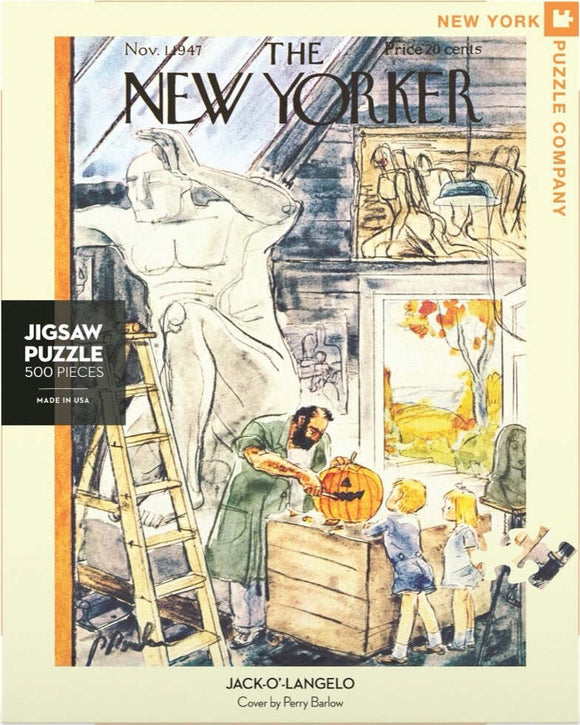 A vintage jigsaw puzzle featuring the cover of The New Yorker magazine from November 1947, illustrated by Perry Barlow. The scene depicts an artist carving a pumpkin in a studio, with children watching enthusiastically. The artwork showcases warm autumn colors and playful interactions, ideal for Halloween enthusiasts.