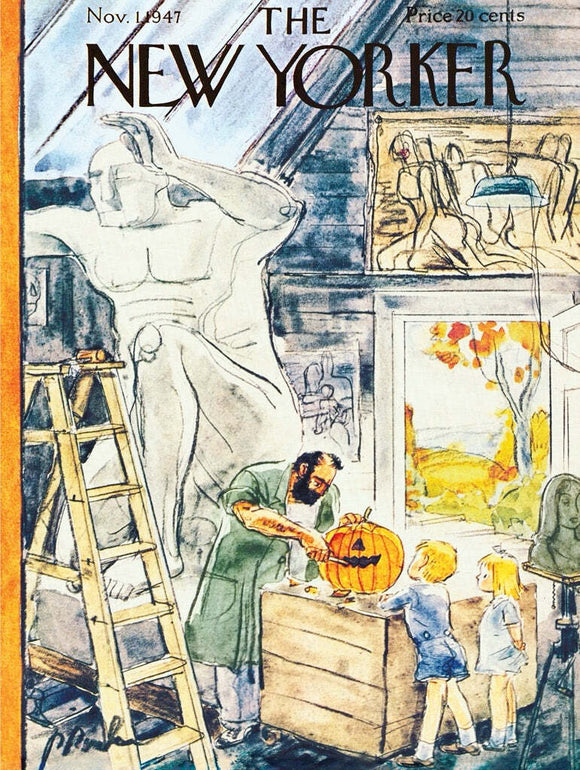 The Jack-O'-Langelo Puzzle (500pc) by New York Puzzle Company features a colorful illustration of a man carving a pumpkin with two children watching. The scene is set in an artist's studio adorned with sculptures and paintings, evoking a festive Halloween spirit.