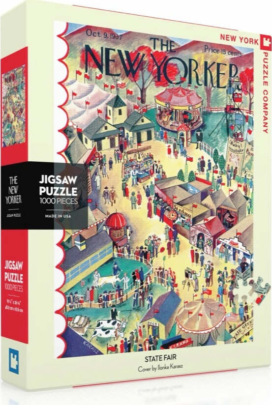 The State Fair Jigsaw Puzzle by New York Puzzle Company features a colorful illustration by Ilonka Karasz. The design captures a lively fair scene with numerous attendees, games, tents, and attractions, inviting puzzle enthusiasts to piece together this vibrant depiction from 1937.