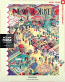 A colorful jigsaw puzzle featuring an illustration of a state fair, with vibrant tents, rides, and crowds enjoying various attractions. The image is designed by Ilonka Karasz and reminiscent of a vintage New Yorker magazine cover from October 9, 1937.