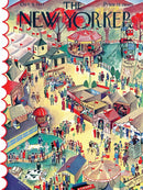 A vibrant jigsaw puzzle featuring a nostalgic depiction of a state fair, illustrated in a colorful and detailed style reminiscent of the 1937 New Yorker cover. Scenes include various fair attractions such as game booths, a carousel, and a crowd of attendees enjoying the festivities amidst colorful tents and flags.
