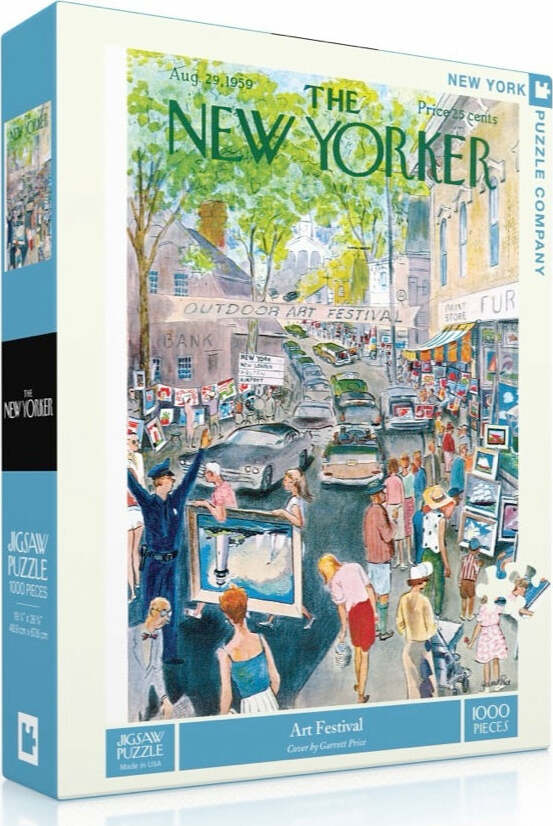 Art Festival Jigsaw Puzzle (1000pc) by New York Puzzle Company. The puzzle features a colorful illustration depicting a bustling outdoor art festival from a 1959 New Yorker magazine cover, complete with art vendors and lively crowds.