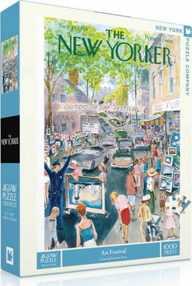Art Festival Jigsaw Puzzle (1000pc) by New York Puzzle Company. The puzzle features a colorful illustration depicting a bustling outdoor art festival from a 1959 New Yorker magazine cover, complete with art vendors and lively crowds.