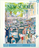 Art Festival Jigsaw Puzzle featuring a vibrant illustration of an outdoor art festival scene from 1959. People stroll through the streets admiring artworks displayed on easels, interacting with each other in a lively atmosphere. The cover showcases detailed artwork with bright colors and characters dressed in vintage styles, capturing the essence of a community celebration.