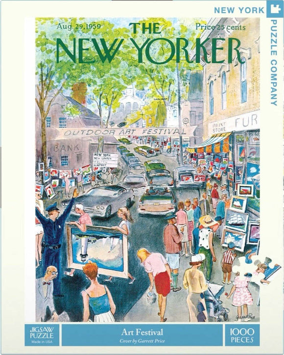 Art Festival Jigsaw Puzzle featuring a vibrant illustration of an outdoor art festival scene from 1959. People stroll through the streets admiring artworks displayed on easels, interacting with each other in a lively atmosphere. The cover showcases detailed artwork with bright colors and characters dressed in vintage styles, capturing the essence of a community celebration.