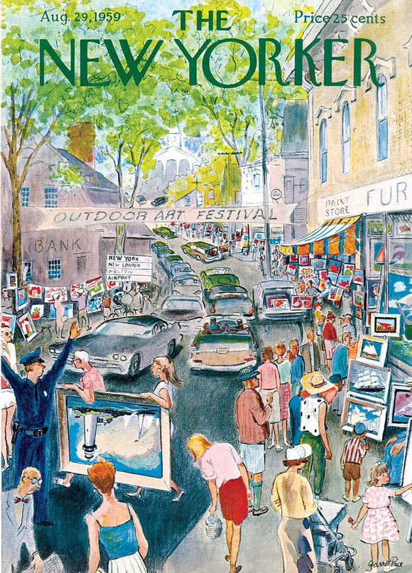 A vibrant 1000-piece jigsaw puzzle featuring a bustling outdoor art festival scene from a New Yorker cover in 1959. Various people stroll past colorful art displays on a lively street filled with trees and vintage cars, embodying the spirit of community and creativity.