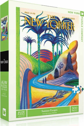 Summer Escapes jigsaw puzzle by New York Puzzle Company featuring a vibrant, colorful illustration inspired by summer landscapes. The puzzle contains 500 pieces and showcases lush hills, palm trees, and a winding river, emphasizing the beauty of summer serene settings.
