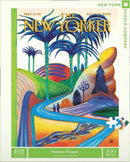The Summer Escapes jigsaw puzzle by New York Puzzle Company features a colorful cover illustration inspired by nature, showcasing vibrant trees, hills, and winding roads in a surreal landscape. This 500-piece puzzle captures the essence of summer adventures and relaxation.