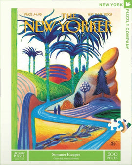 The Summer Escapes jigsaw puzzle by New York Puzzle Company features a colorful cover illustration inspired by nature, showcasing vibrant trees, hills, and winding roads in a surreal landscape. This 500-piece puzzle captures the essence of summer adventures and relaxation.