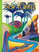 A vibrant jigsaw puzzle titled 'Summer Escapes' by New York Puzzle Company features a colorful landscape with stylized palm trees and rolling hills. The artwork combines bright colors and whimsical shapes, making it visually appealing for puzzle enthusiasts and art lovers alike.