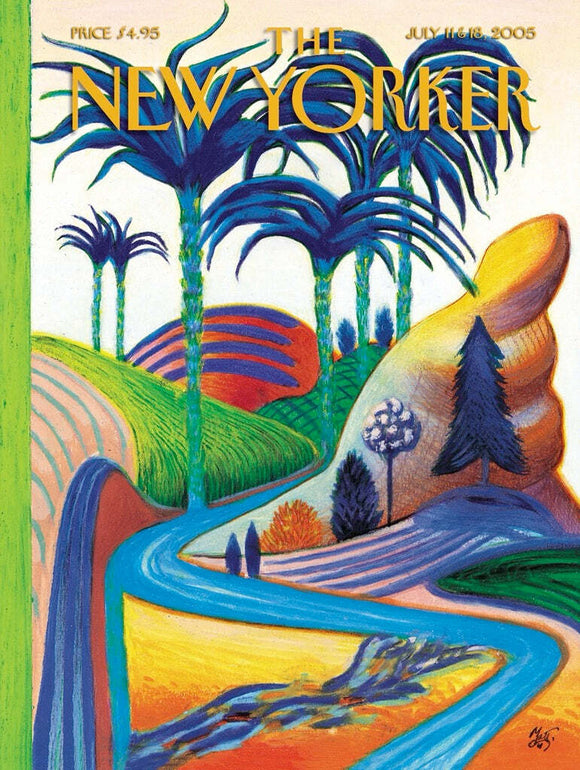 A vibrant jigsaw puzzle titled 'Summer Escapes' by New York Puzzle Company features a colorful landscape with stylized palm trees and rolling hills. The artwork combines bright colors and whimsical shapes, making it visually appealing for puzzle enthusiasts and art lovers alike.