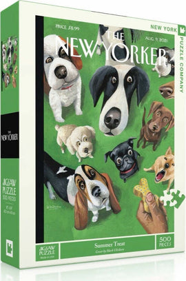 Summer Treat Puzzle (500 pieces) by New York Puzzle Company featuring a vibrant illustration of various playful dogs surrounded by treats. The box showcases bright colors and an engaging design, perfect for dog lovers and puzzle enthusiasts alike. Ideal for family fun or a relaxing solo activity.