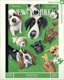 A colorful jigsaw puzzle featuring an illustration of various playful dogs depicted in a whimsical style. The cover showcases a hand holding a dog treat, surrounded by multiple dogs with expressive faces against a green background. The puzzle contains 500 pieces and is inspired by a cover design by Mark Ulrichsen for The New Yorker magazine.
