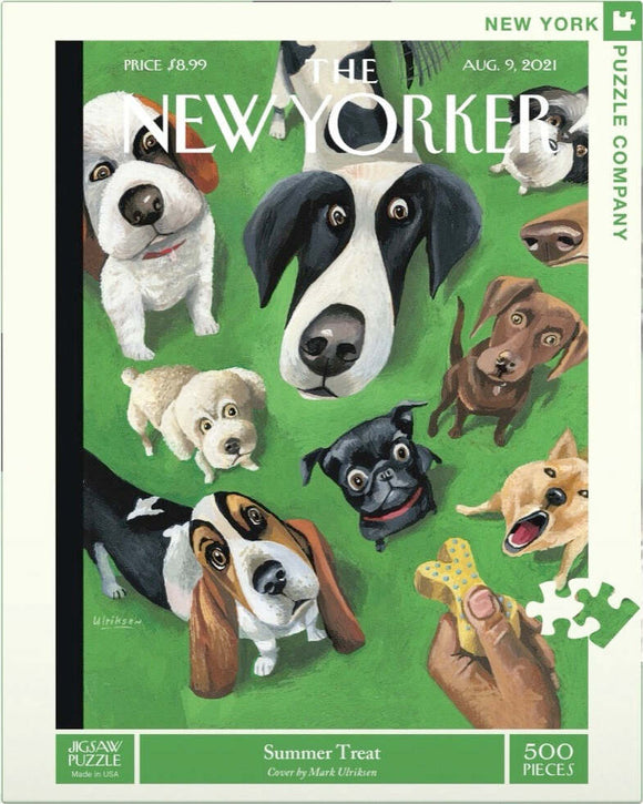 A colorful jigsaw puzzle featuring an illustration of various playful dogs depicted in a whimsical style. The cover showcases a hand holding a dog treat, surrounded by multiple dogs with expressive faces against a green background. The puzzle contains 500 pieces and is inspired by a cover design by Mark Ulrichsen for The New Yorker magazine.