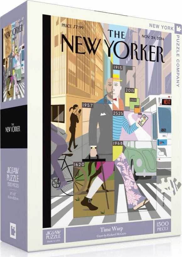 Time Warp Jigsaw Puzzle by New York Puzzle Company, featuring a colorful design depicting various years and characters in a cityscape. The puzzle contains 1500 pieces and showcases the artistic cover designed by Richard McGuire, celebrating the evolution of style and culture through time.