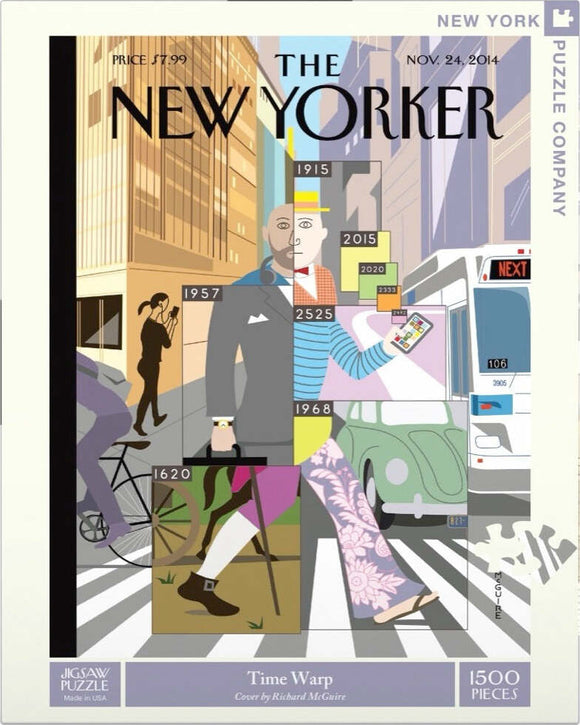 The Time Warp Puzzle (1500 pieces) features a vibrant, artistic depiction of various historical eras, showcasing individuals in different styles of clothing across the years. This jigsaw puzzle is designed with colorful illustrations representing the evolution of fashion and culture, set against a stylized urban backdrop, all crafted by Richard McGuire. Perfect for puzzle enthusiasts and art lovers alike.