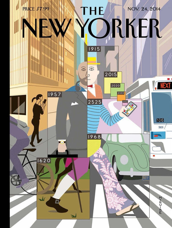 The Time Warp Puzzle by New York Puzzle Company features a vibrant, artistic collage showcasing various historical figures and moments across different decades. The design blends playful colors and shapes, inviting puzzlers to explore the visual depth as they piece together 1500 interlocking pieces.