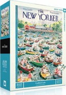 The Gridlock Lake Puzzle by New York Puzzle Company features a colorful jigsaw design inspired by a 1956 New Yorker cover. It showcases a busy lake scene with numerous boats and people enjoying the outdoors. The puzzle contains 1500 pieces and measures 27 x 20 inches when completed.