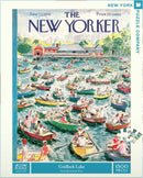 Jigsaw puzzle of 'Gridlock Lake' featuring a colorful illustration of a busy lake filled with boats and people, designed by Garrett Price. The puzzle includes 1500 pieces and highlights vibrant scenes of leisure activities on the water, with lush greenery in the background and intricate details capturing the essence of a summer day.