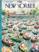 The Gridlock Lake 1500-piece jigsaw puzzle features a vibrant illustration of a busy lake scene filled with colorful boats, people enjoying leisure activities, and lush greenery in the background. The artwork is reminiscent of a New Yorker cover from 1956, showcasing a beautiful summer day by the water, perfect for puzzle enthusiasts and art lovers alike.