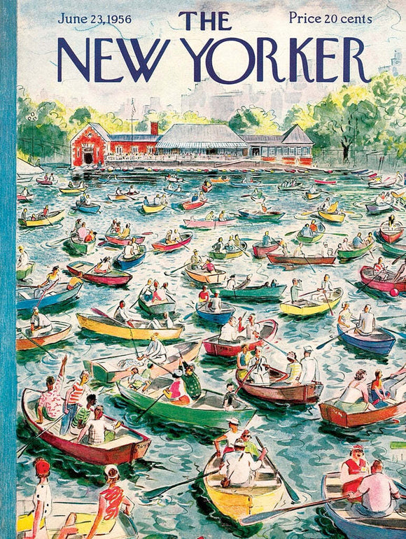 The Gridlock Lake 1500-piece jigsaw puzzle features a vibrant illustration of a busy lake scene filled with colorful boats, people enjoying leisure activities, and lush greenery in the background. The artwork is reminiscent of a New Yorker cover from 1956, showcasing a beautiful summer day by the water, perfect for puzzle enthusiasts and art lovers alike.