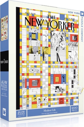 Modern Life Jigsaw Puzzle by New York Puzzle Company featuring a vibrant and intricate design inspired by contemporary life, consisting of 1000 pieces. The puzzle cover showcases artwork by Sergio Garcia Sanchez, with various illustrations arranged in a colorful grid pattern. Ideal for puzzle enthusiasts looking for a challenging yet rewarding experience.