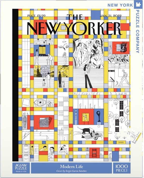 Modern Life 1000-piece jigsaw puzzle by New York Puzzle Company, featuring a vibrant and artistic collage of illustrations and scenes reflecting contemporary life, designed by Sergio Garcia Sánchez. The packaging showcases the design prominently with colorful patterns and figures.