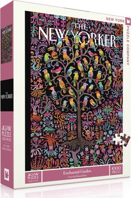 1000-piece jigsaw puzzle featuring 'Enchanted Garden' artwork by Edward Steed, depicting a colorful tree surrounded by vibrant birds and intricate floral designs on a dark background. The puzzle box is from New York Puzzle Company with the title displayed prominently.