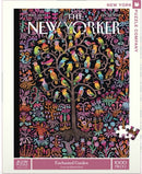 The Enchanted Garden jigsaw puzzle by New York Puzzle Company features a vibrant illustration of a tree filled with colorful birds surrounded by intricate flowers and foliage. The design is bold and whimsical, emphasizing a magical garden theme, with a dark background that enhances the bright colors.