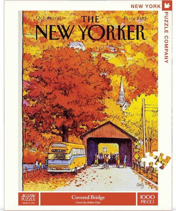 A 1000-piece jigsaw puzzle featuring a vibrant illustration of a covered bridge surrounded by autumn trees in shades of orange and yellow. The scene includes a bus labeled 'Charter,' people walking, and a charming rural setting, evoking nostalgia and warmth. The artwork is by Arthur Getz, featured on the cover of The New Yorker magazine from October 19, 1981.