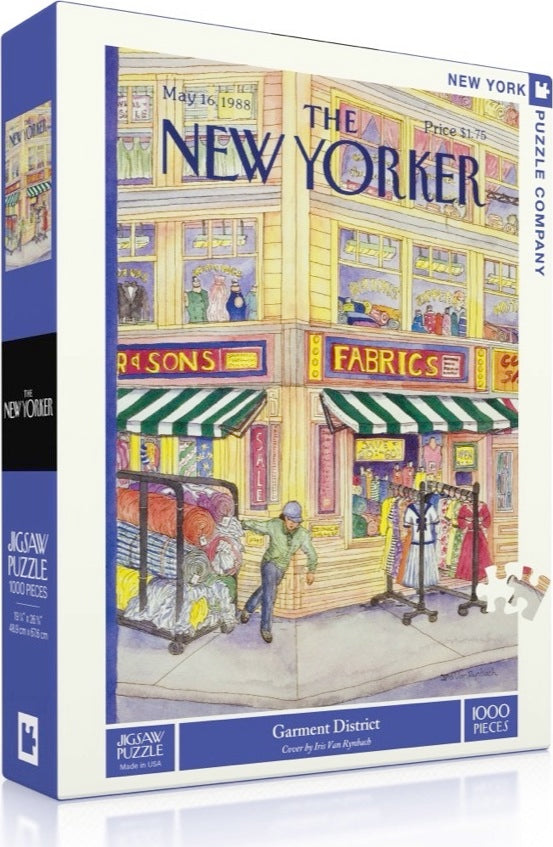 Garment District Puzzle by New York Puzzle Company, featuring a vibrant illustration of fabric stores and bustling streets inspired by a New Yorker cover from May 16, 1988. This 1000-piece jigsaw puzzle showcases detailed artwork by Iris Van Rynbach, perfect for puzzle enthusiasts and New York lovers alike.