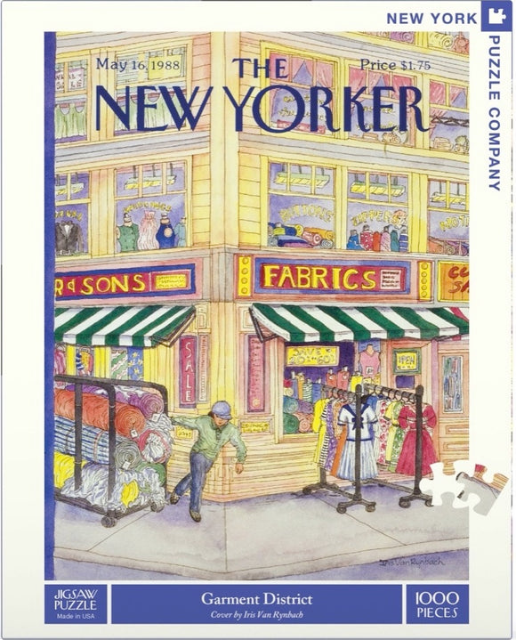 A vibrant jigsaw puzzle featuring the iconic Garment District storefronts as illustrated on the cover of The New Yorker. The image showcases colorful fabrics, a storefront with a 'SALE' sign, and a man pushing a cart filled with materials. This intricate 1000-piece puzzle captures the charm of New York's fashion district, inviting puzzlers to relive the experience of the city through art.