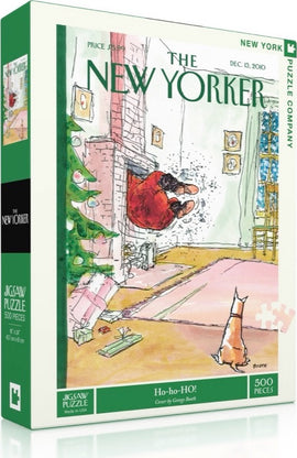 Ho-ho-HO Puzzle (500pc) by New York Puzzle Company, featuring a whimsical illustration from The New Yorker. The design depicts a lively holiday scene with Santa emerging from a chimney, surrounded by a cozy living room setting, complete with a Christmas tree and a curious dog. The puzzle box showcases vibrant colors and charming details.