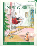 500-piece jigsaw puzzle titled 'Ho-ho-HO!' featuring a whimsical illustration by George Booth, depicting Santa Claus falling down a chimney with a curious cat observing. The scene is set in a cozy living room adorned with holiday decorations, including a Christmas tree and wrapped gifts.