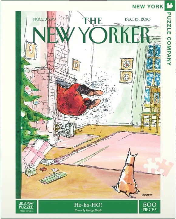 500-piece jigsaw puzzle titled 'Ho-ho-HO!' featuring a whimsical illustration by George Booth, depicting Santa Claus falling down a chimney with a curious cat observing. The scene is set in a cozy living room adorned with holiday decorations, including a Christmas tree and wrapped gifts.