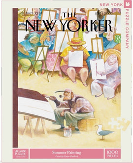 The Summer Painting jigsaw puzzle by New York Puzzle Company features an engaging scene of artists at work, complete with easels and vibrant colors. This 1000-piece puzzle showcases a whimsical illustration from the cover of The New Yorker, capturing the spirit of creative summer days.