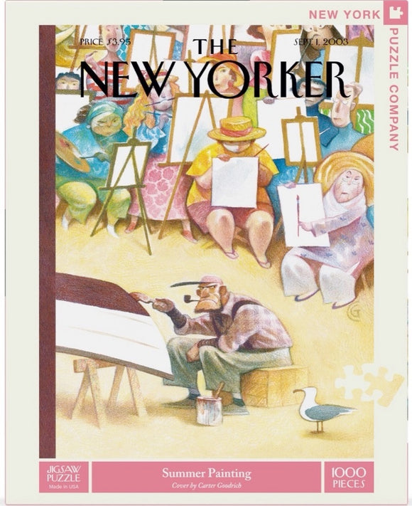 The Summer Painting jigsaw puzzle by New York Puzzle Company features an engaging scene of artists at work, complete with easels and vibrant colors. This 1000-piece puzzle showcases a whimsical illustration from the cover of The New Yorker, capturing the spirit of creative summer days.