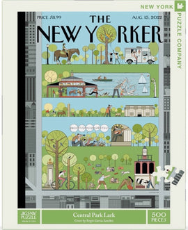 Central Park Lark jigsaw puzzle by New York Puzzle Company, featuring a vibrant illustration of Central Park. The design portrays various scenes including people enjoying leisure activities, trees, and buildings, all showcasing the lively atmosphere of New York City. The puzzle contains 500 pieces and is designed by Sergio Garcia Sanchez.