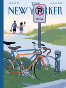 A colorful illustration of two bicycles parked beside a no parking sign, with a couple walking hand in hand in the background, evoking a relaxed summer vibe. The image captures the essence of urban life and leisure.