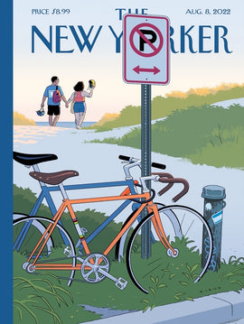 A colorful illustration of two bicycles parked beside a no parking sign, with a couple walking hand in hand in the background, evoking a relaxed summer vibe. The image captures the essence of urban life and leisure.