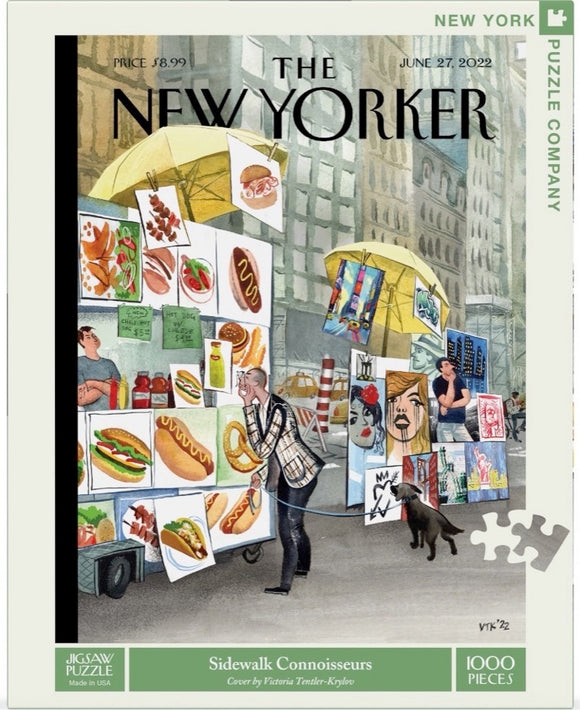 A jigsaw puzzle titled 'Sidewalk Connoisseurs' featuring an illustrated scene with food stalls and vendors reminiscent of New York's sidewalk culture. The cover, illustrated by Victoria Tentler-KRYLOV, shows people browsing through various food items and art while a dog is present in the foreground. This puzzle comprises 1000 pieces, providing a fun and engaging challenge for puzzle enthusiasts.